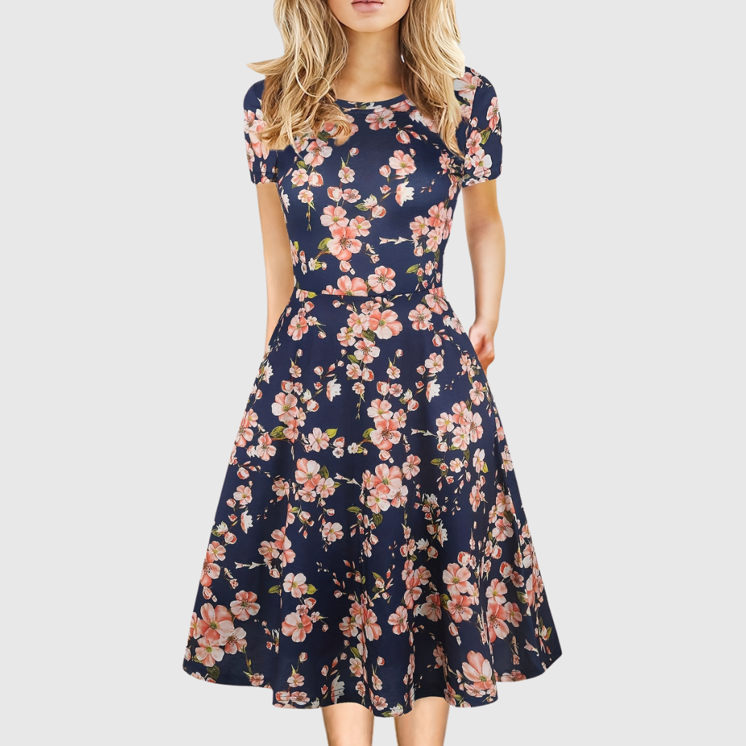 Elegant A Line Dress for Women with Round Neck Short Sleeve Fit and Flare Midi Casual Retro Style