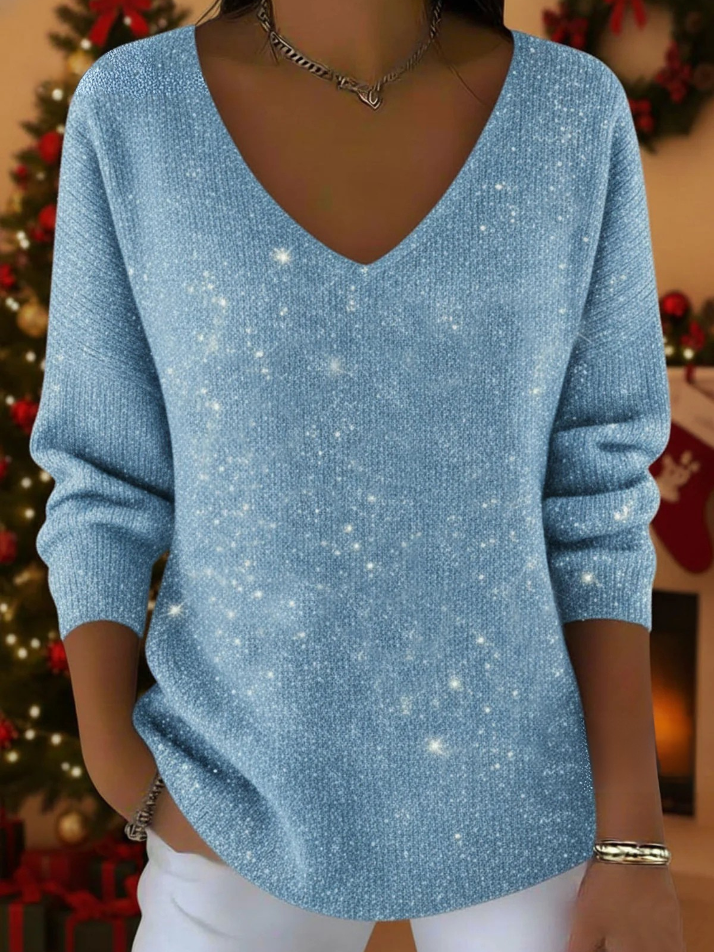 Cozy Women Christmas Sweater with V Neck Long Sleeve Sequin Oversized Knit Style