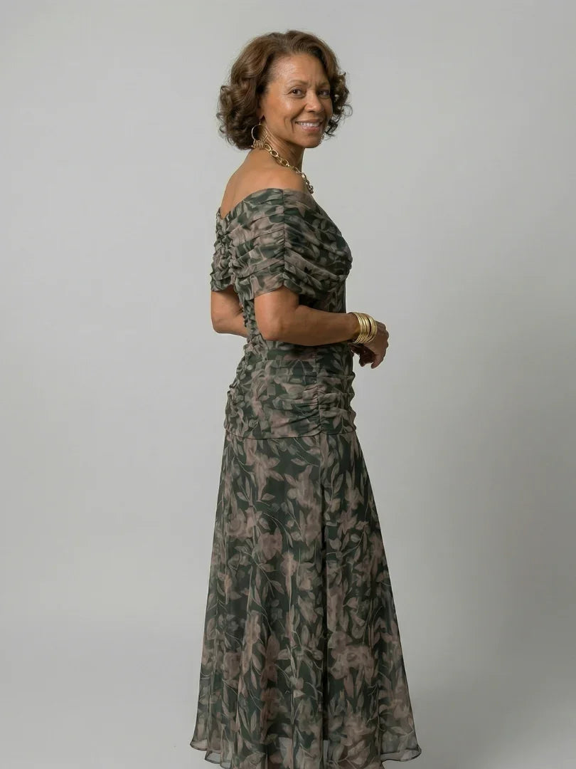 Elegant Midi Dress for Women with Off Shoulder V-Neck Floral Print Ruched Waist Formal Wedding Guest Style