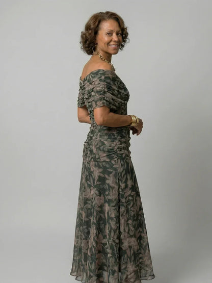 Elegant Midi Dress for Women with Off Shoulder V-Neck Floral Print Ruched Waist Formal Wedding Guest Style