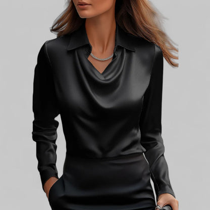 Donna | Women’s Draped Neck Long Sleeve Satin Blouses