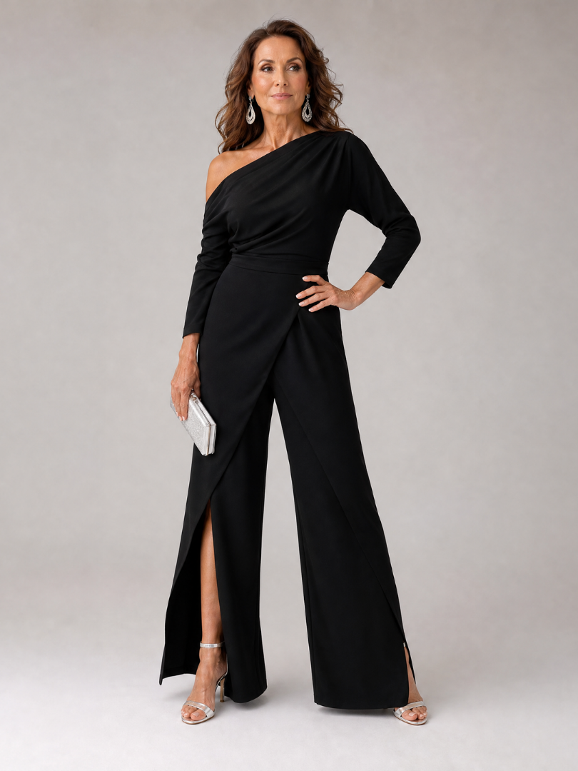 Elegant Wide Leg Jumpsuit for Women with One Shoulder Long Sleeve Draped Waist Formal Wedding Guest Style