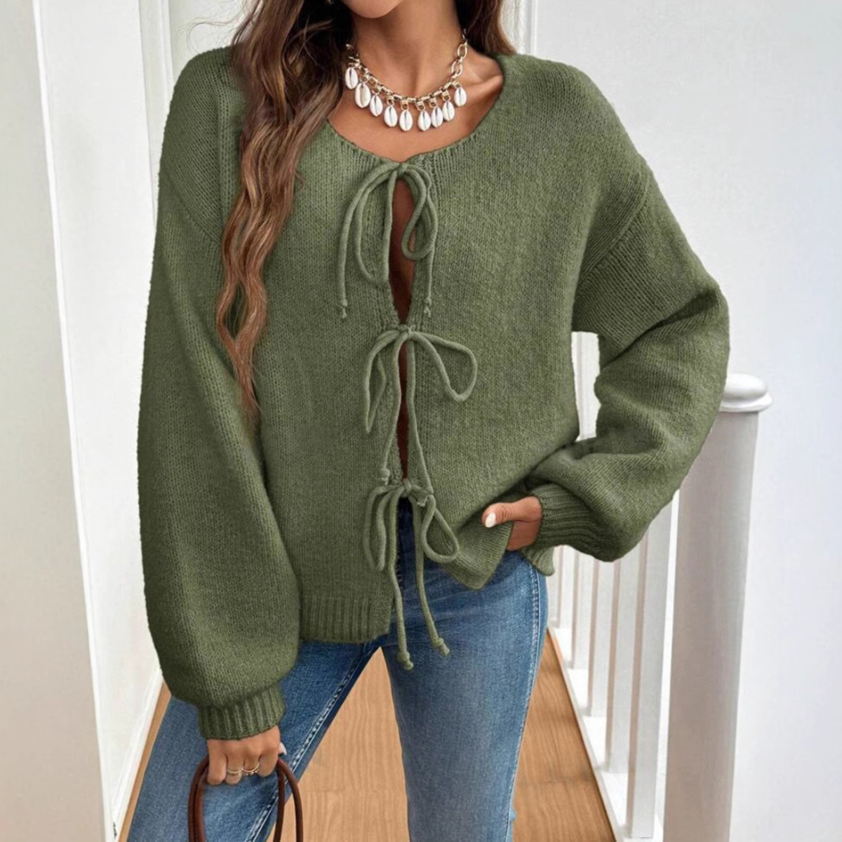 Cozy Knit Cardigan for Women with Round Neck Long Sleeve Tie Front Relaxed Style