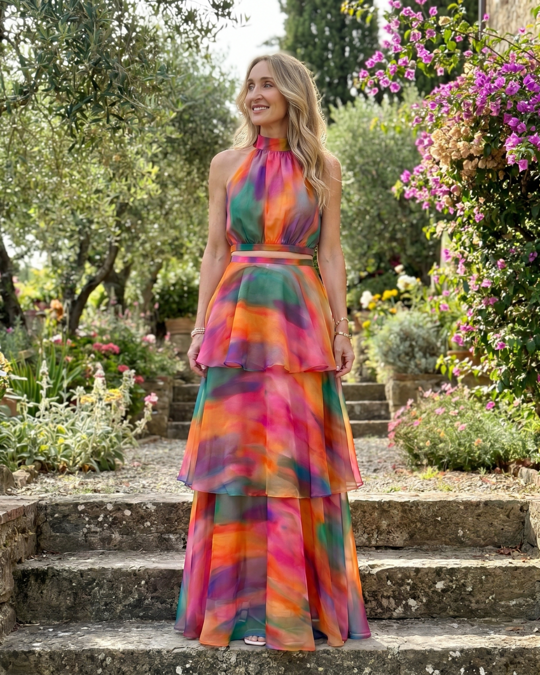 Elegant Blue Tie Dye Two Piece Set for Women with Halter Neck Tiered Ruffle Maxi Skirt Wedding Guest Style