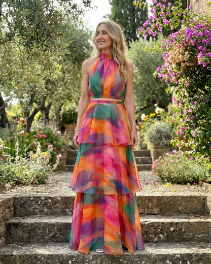 Elegant Blue Tie Dye Two Piece Set for Women with Halter Neck Tiered Ruffle Maxi Skirt Wedding Guest Style