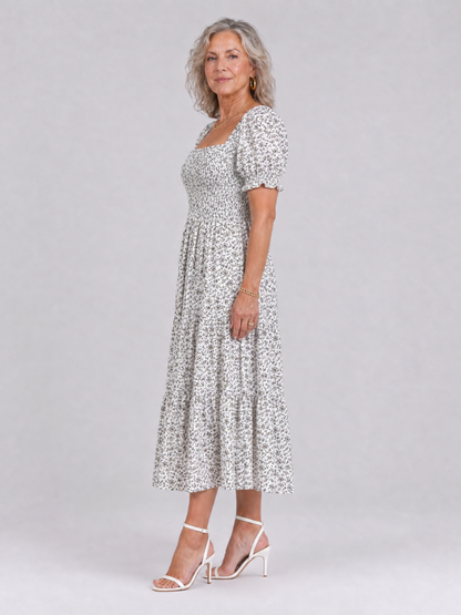 Effortless Floral Midi Dress for Women with Square Neck Puff Sleeve Smocked Bodice A Line Casual Style