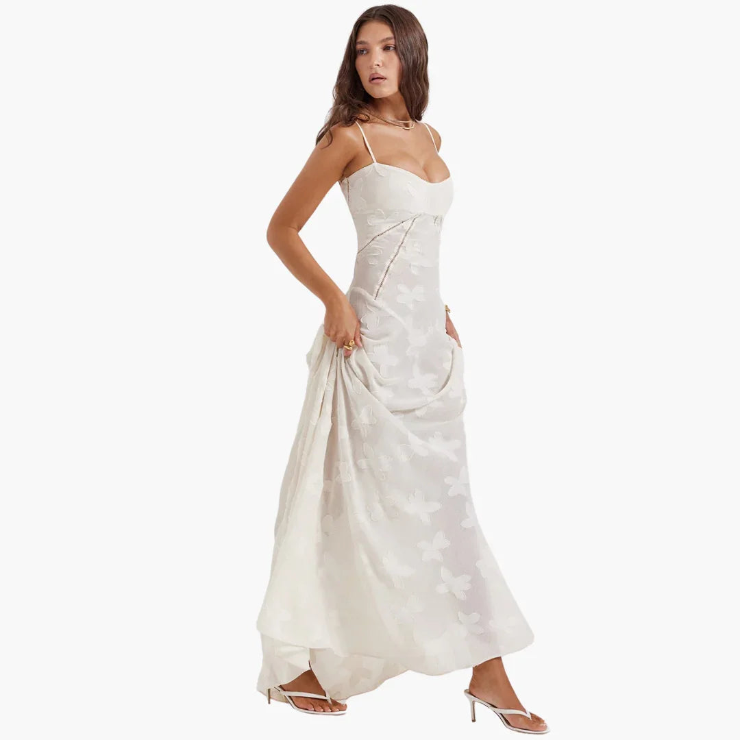 Elegant White Dress for Women with Sweetheart Neckline Spaghetti Strap Butterfly Jacquard Maxi Flowing Style