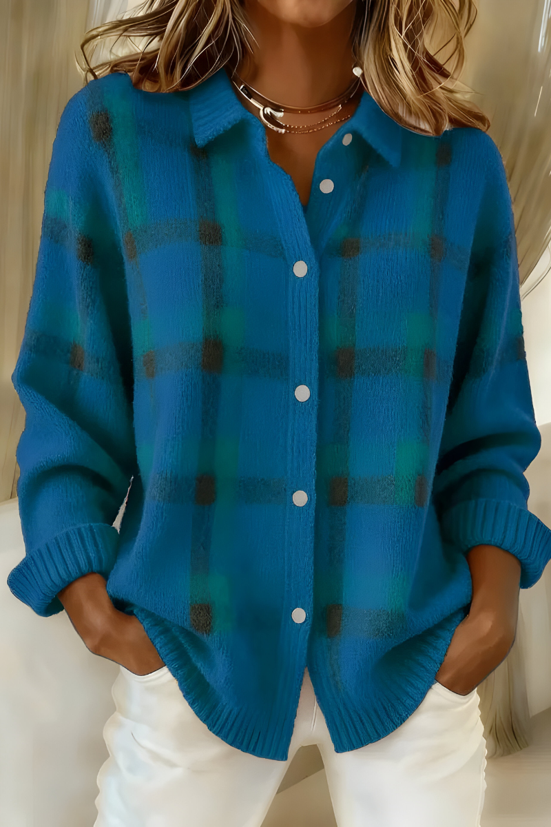 Comfortable Plaid Cardigan for Women with Collar Long Sleeve Button Front Oversized Knit Style
