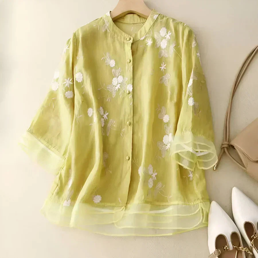 Elegant Floral Embroidered Blouse for Women with Stand Collar Elbow Sleeve Layered Ruffle Hem Style