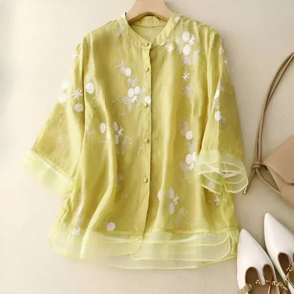Elegant Floral Embroidered Blouse for Women with Stand Collar Elbow Sleeve Layered Ruffle Hem Style
