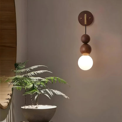 Walnut Wall Lamp Brass Accent Glass Globe Mid-Century Bedside Sconce Wall Light