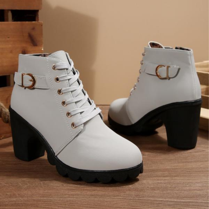 Stylish Suede Lace Up Women Boots with Buckle Strap Chunky Heel Ankle Style