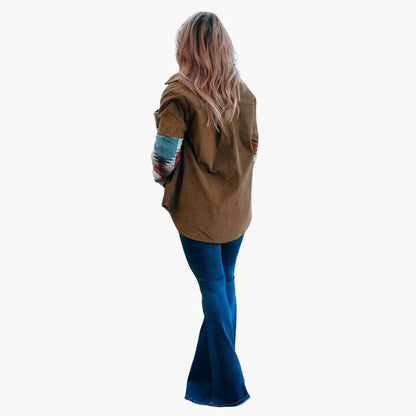 Effortless Brown Corduroy Shacket for Women with Spread Collar Long Sleeve Aztec Panel Oversized Style