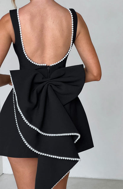 Elegant Pearl Trim Mini Dress for Women with Bateau Neck Sleeveless Bow Back Fit Flare Style