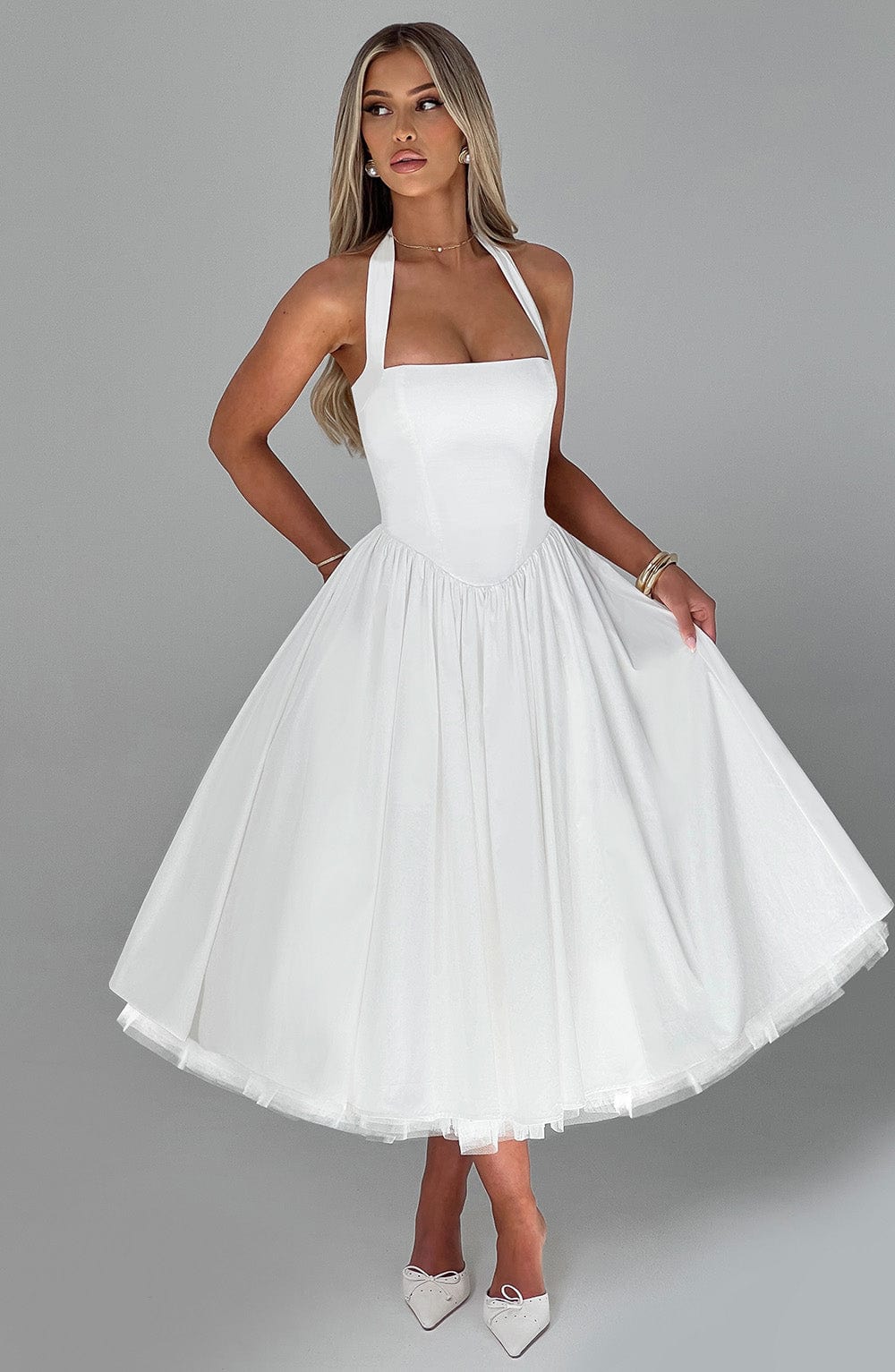 Gabrielle | Elegant White Formal Wedding Guest Dress in A Line Midi Style