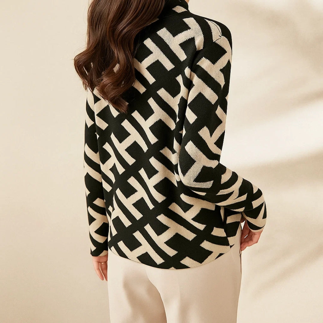 Elegant Mock Neck Sweater for Women with Long Sleeve Geometric Print Knit Relaxed Style