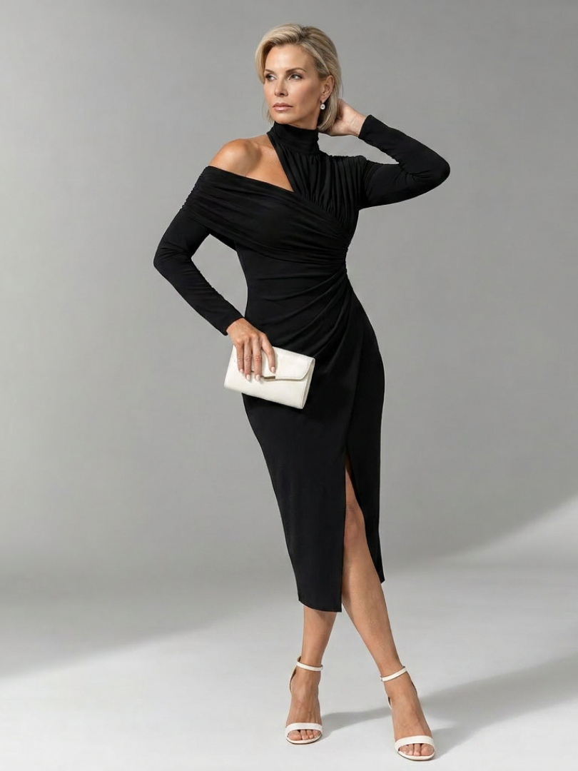 Elegant Midi Dress for Women with Mock Neck One Shoulder Long Sleeve Ruched Fitted Formal Wedding Guest Style