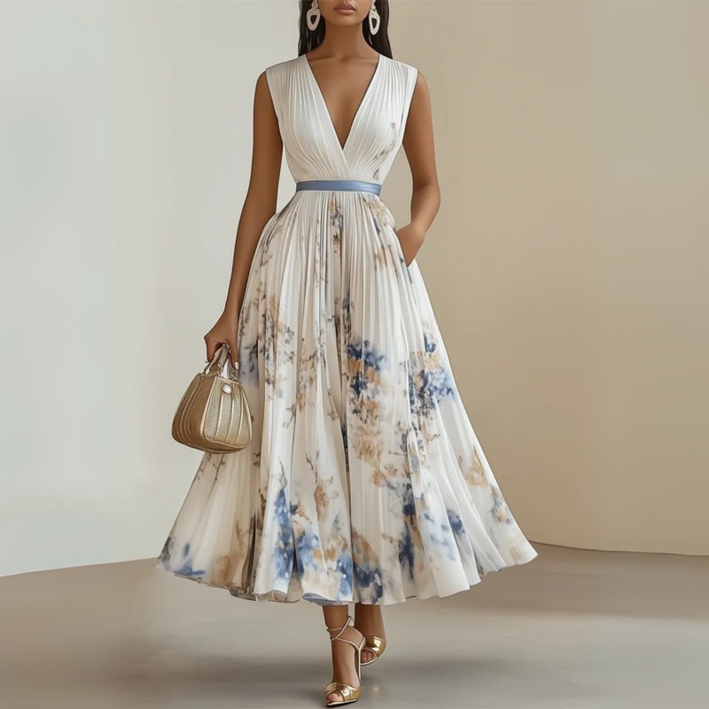 Elegant Floral Midi Dress for Women with V Neck Sleeveless Pleated Skirt Belted Waist Formal Style
