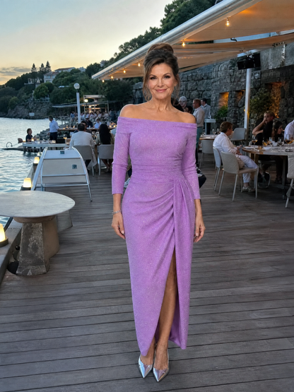 Elegant Midi Dress for Women with Off Shoulder Long Sleeve Ruched Side Slit Formal Wedding Guest Style