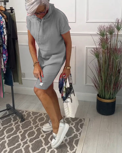 Comfortable Coral Hoodie Dress for Women with Drawstring Hood Short Sleeve Relaxed Shift Casual Style