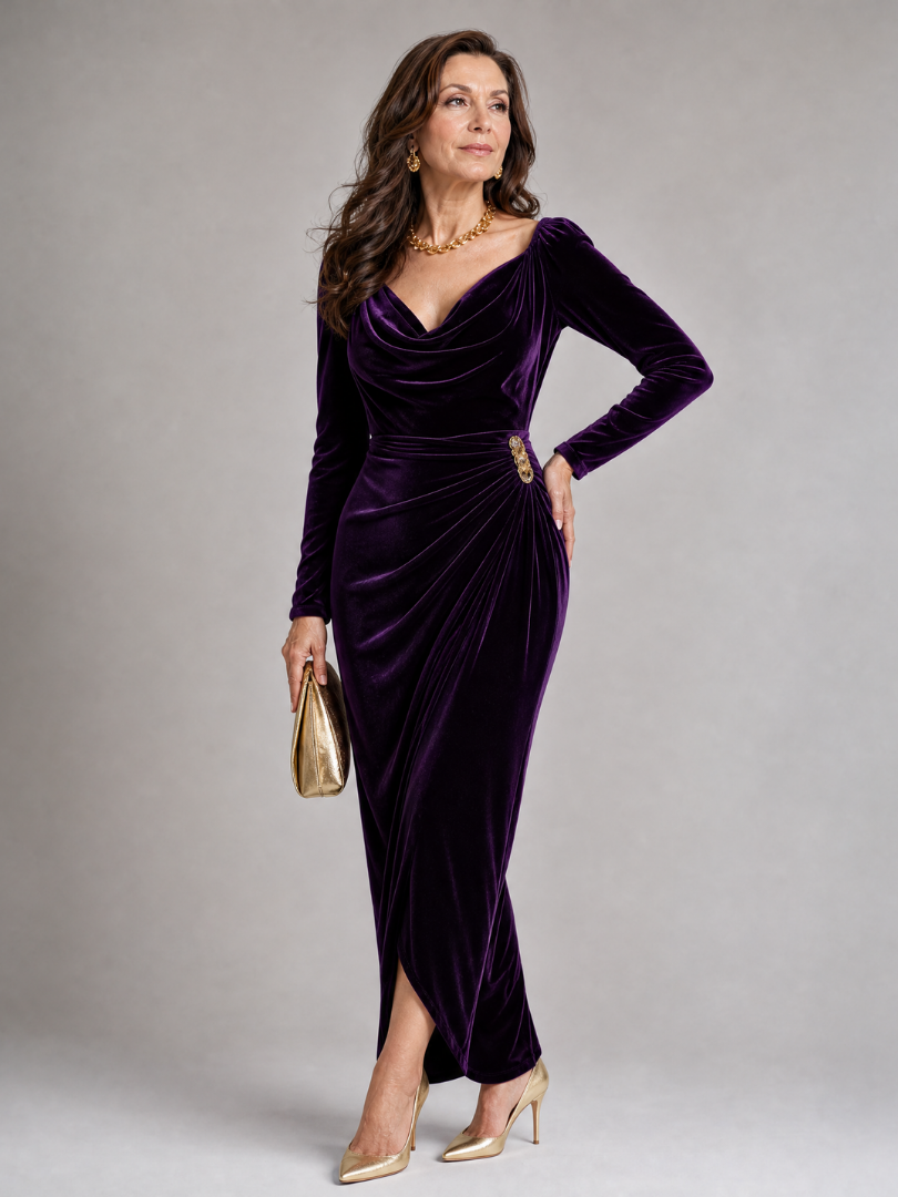 Elegant Midi Dress for Women with Cowl Neck Long Sleeve Velvet Draped Brooch Waist Formal Wedding Guest Style