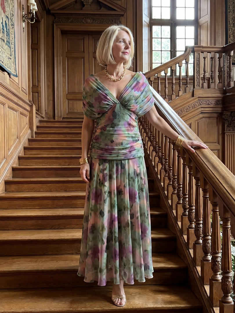 Elegant Purple Dress for Women with V Neck Flutter Sleeve Floral Ruched Maxi Wedding Guest Style