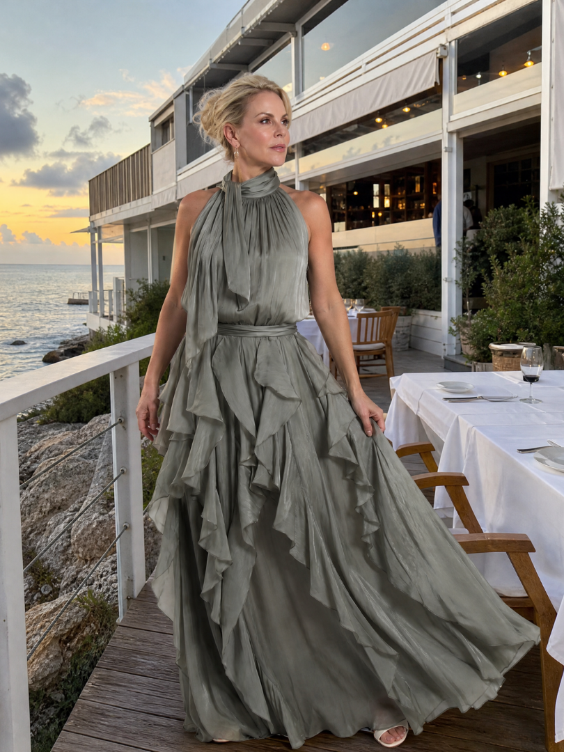 Elegant Maxi Dress for Women with Halter Neck Ruffle Tiered Skirt Satin Sleeveless Wedding Guest Style