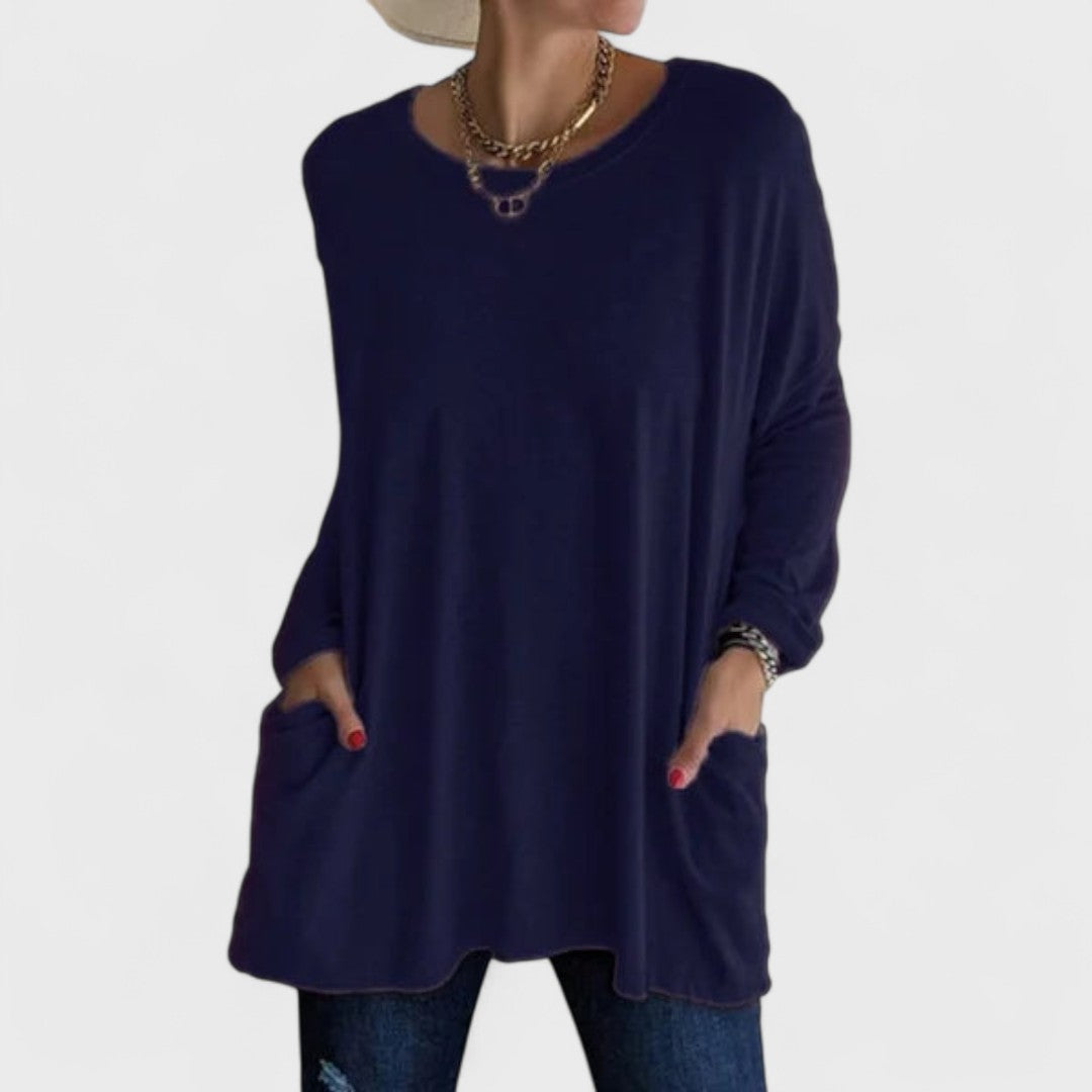 Comfortable Oversized Tunic for Women with Crew Neck Long Sleeve Side Pocket Relaxed Style