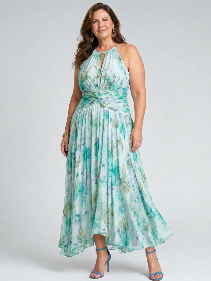 Elegant Green Floral Chiffon Cocktail Dress for Women with Halter Neck Ruched Waist High Low Flowing Style