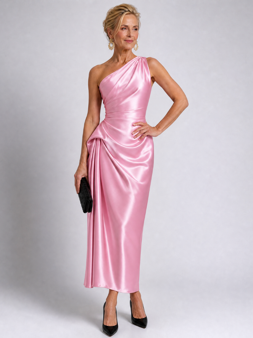 Elegant Satin Midi Dress for Women with One Shoulder Draped Ruched Waist Formal Wedding Guest Style