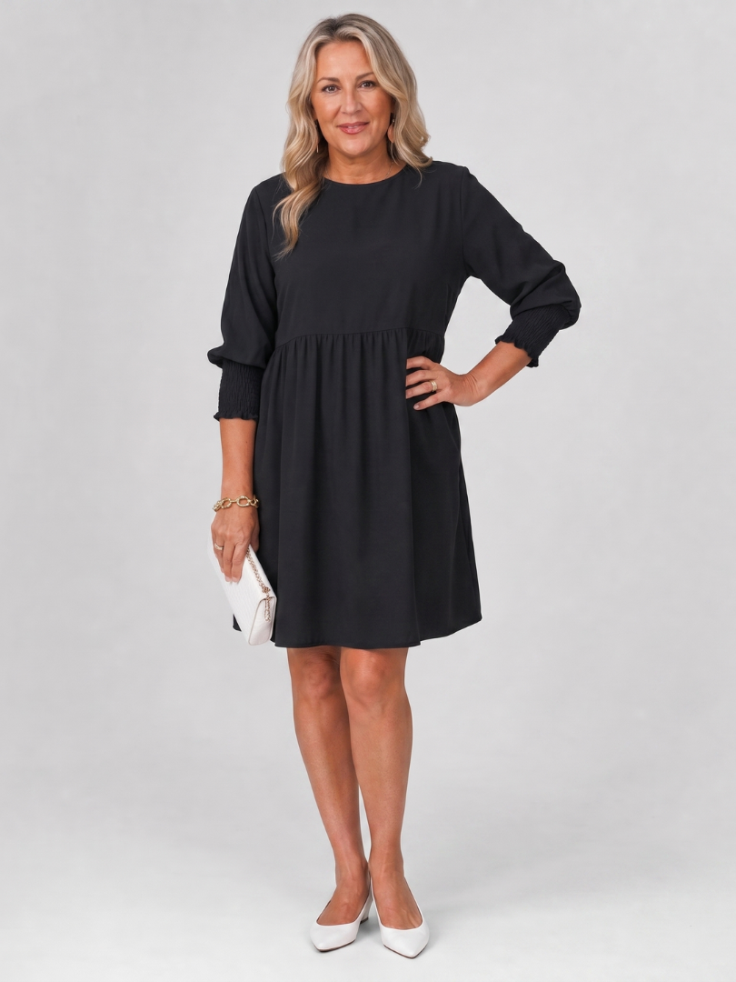 Elegant Little Black Dress for Women with Round Neck Balloon Sleeve Smocked Cuff Flowy Style