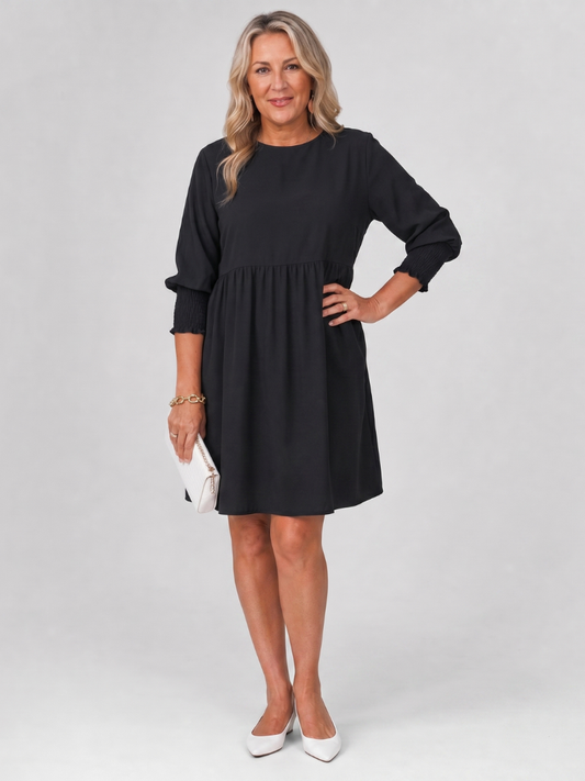 Elegant Little Black Dress for Women with Round Neck Balloon Sleeve Smocked Cuff Flowy Style