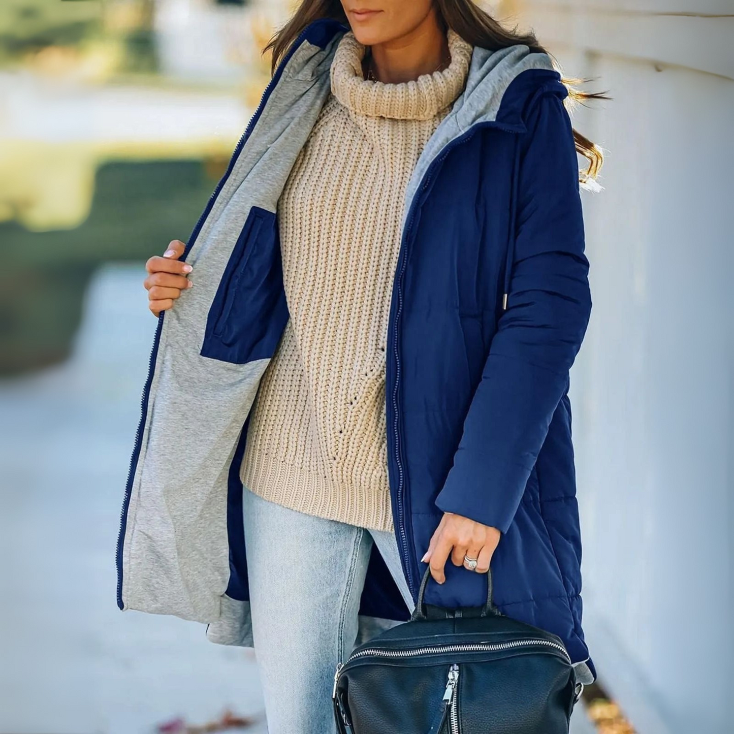 Elegant Puffer Jacket for Women with Hooded Zip Front Drawstring Waist Relaxed Style
