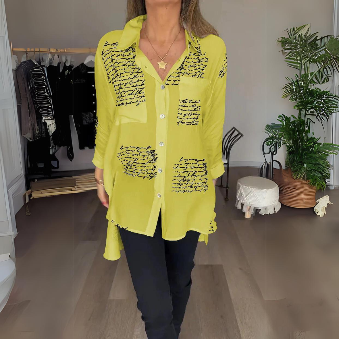 Effortless Script Print Shirt for Women with Collar Long Sleeve Oversized Casual Style