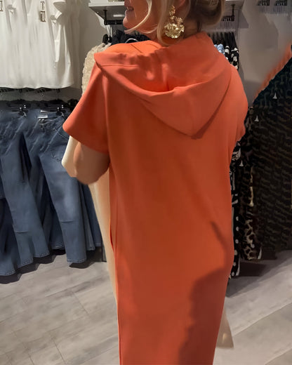 Comfortable Orange Hoodie Midi Dress for Women with Drawstring Hood Short Sleeve Kangaroo Pocket Relaxed Style
