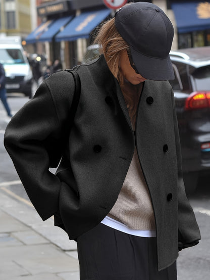 Effortless Wool Pea Coat for Women with Stand Collar Long Sleeve Double Breasted Oversized Casual Style