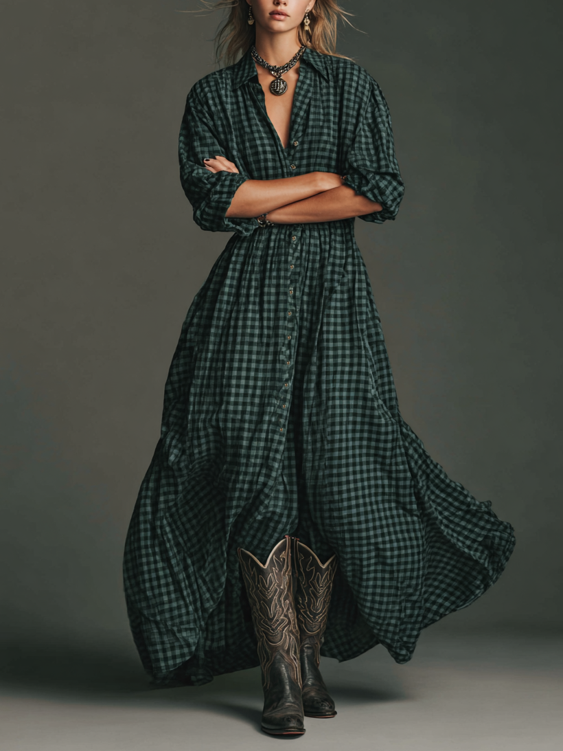 Effortless Plaid Shirt Dress for Women with Collar Button Front Long Sleeve Oversized Casual Maxi Style