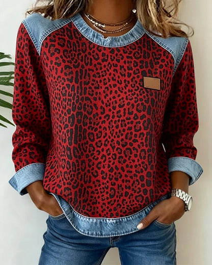 Comfortable Leopard Print Sweatshirt for Women with Crew Neck Long Sleeve Denim Colorblock Relaxed Style