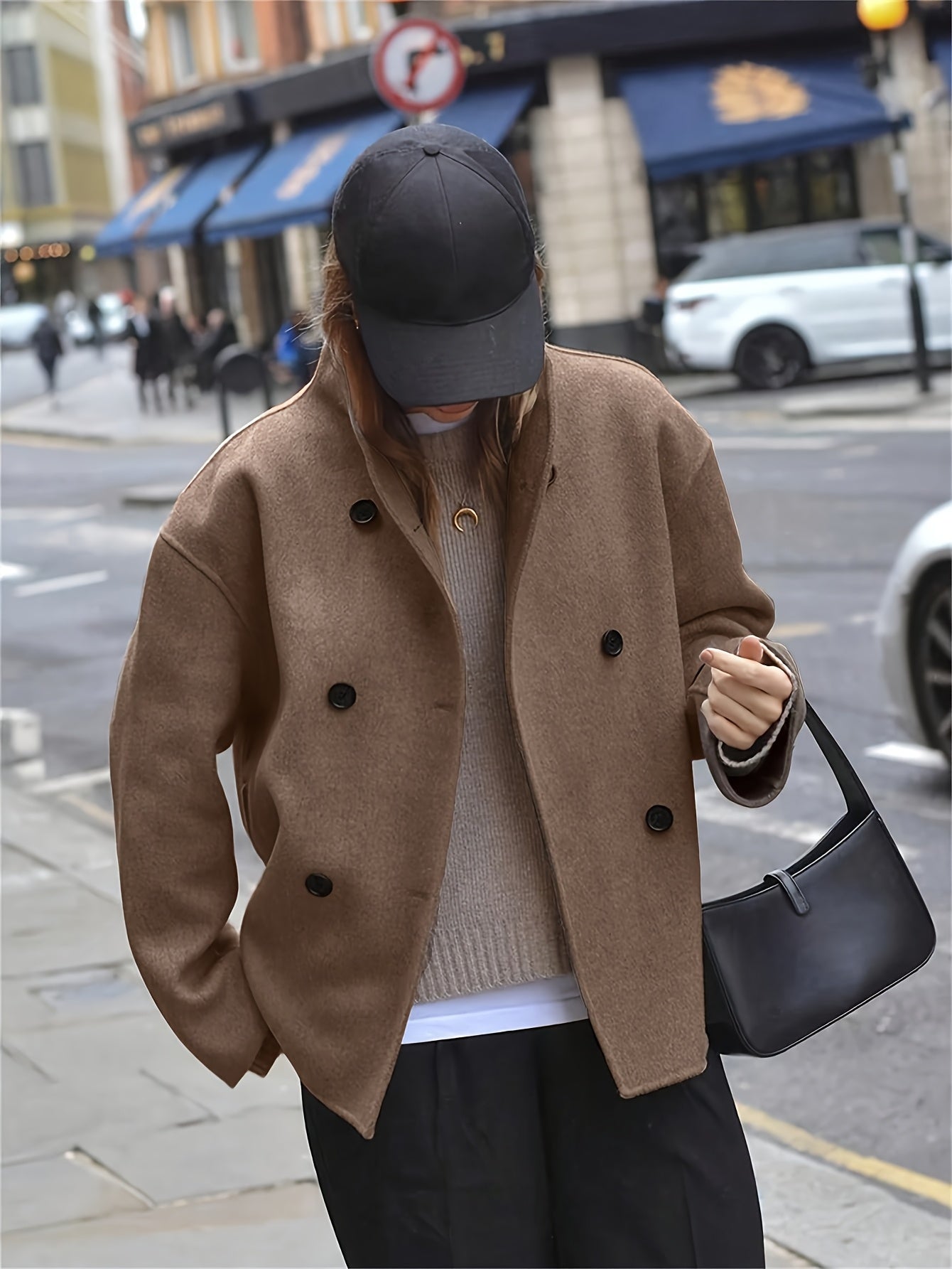 Elegant Camel Wool Pea Coat for Women with Stand Collar Long Sleeve Double Breasted Oversized Style