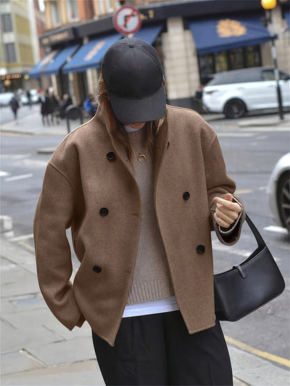 Elegant Camel Wool Pea Coat for Women with Stand Collar Long Sleeve Double Breasted Oversized Style