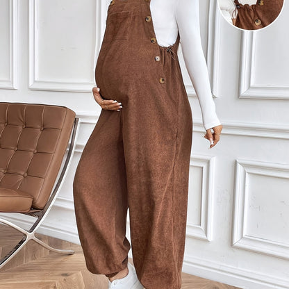 Effortless Corduroy Maternity Overalls for Women with Square Neck Sleeveless Wide Leg Relaxed Style