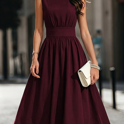 Refined Semi Formal Dress for Women with Round Neck Sleeveless Shirred Waist Fit and Flare Midi Party Style