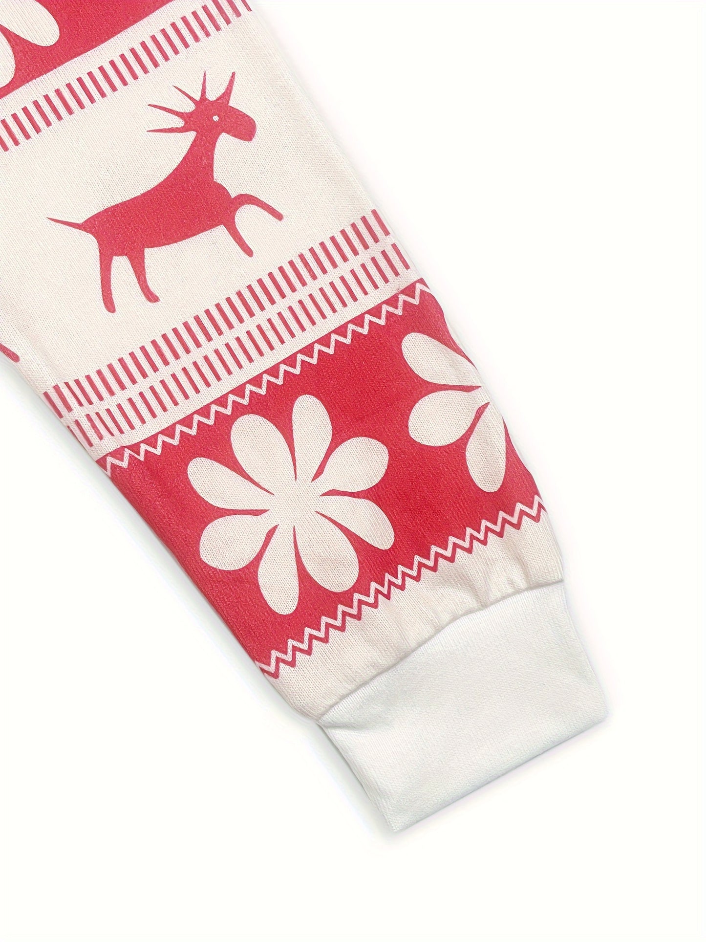 Cozy Red White Snowflake Christmas Holiday Pajamas for Women with Round Neck Long Sleeve Reindeer Two Piece Style