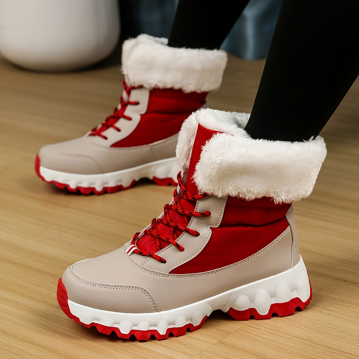 Warm Lace Up Snow Boots for Women with Faux Fur Cuff Chunky Grip Sole Winter Snowproof Style
