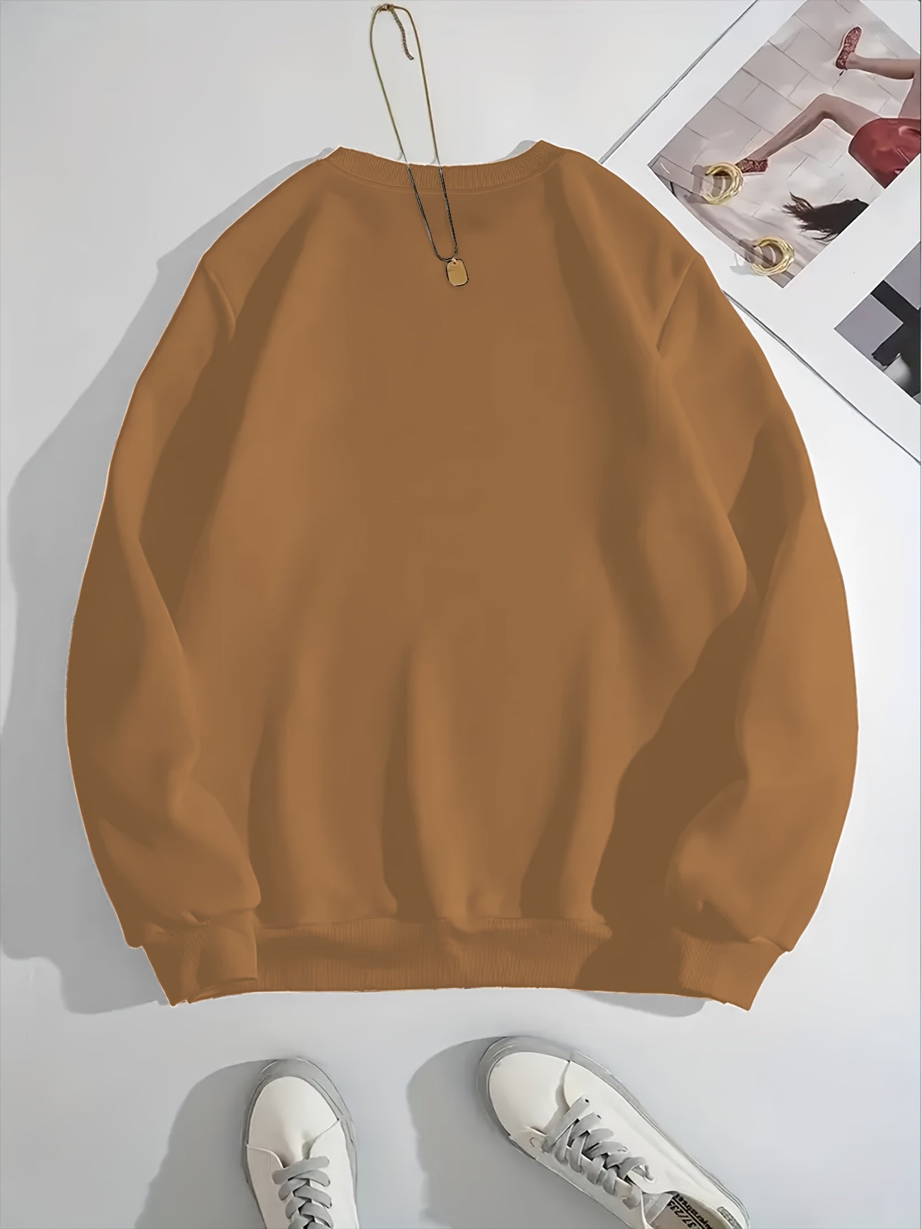 Comfortable Khaki Leopard Print Women's Christmas Sweater with Crew Neck Long Sleeve Drop Shoulder Oversized Knit Style
