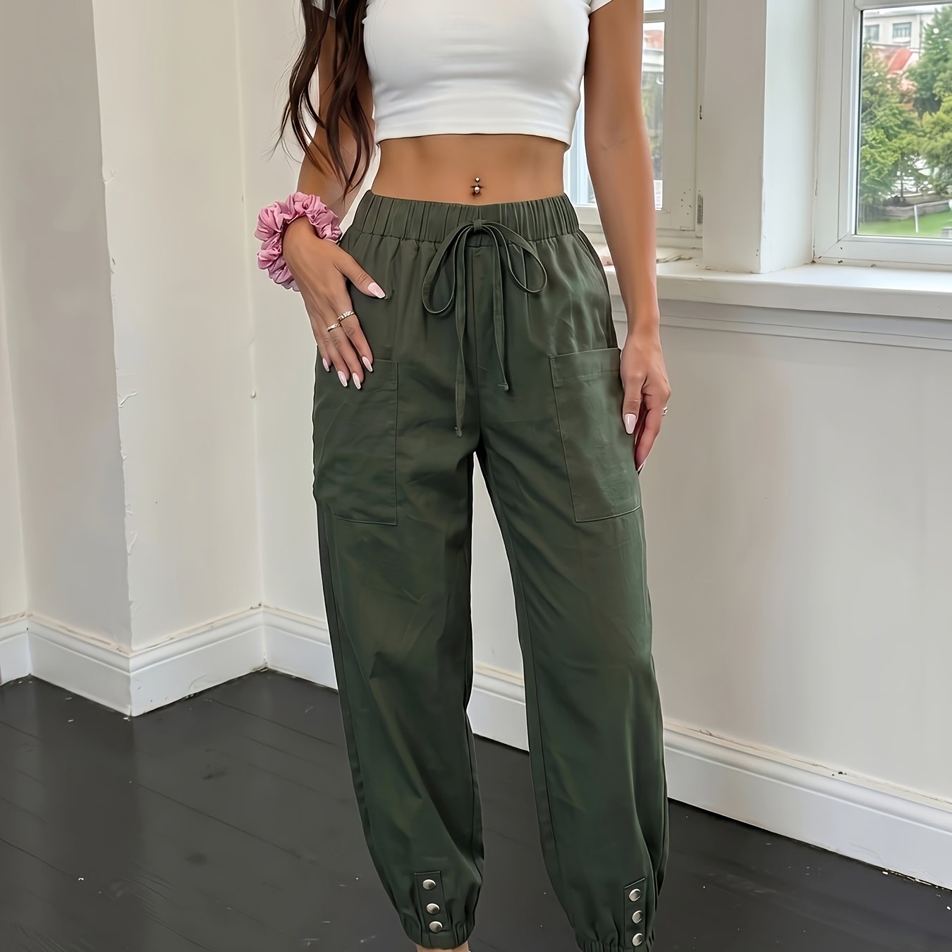 Effortless Green Cargo Pants for Women with High Waist Drawstring Elastic Cuff Relaxed Style