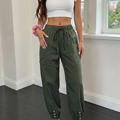 Effortless Green Cargo Pants for Women with High Waist Drawstring Elastic Cuff Relaxed Style