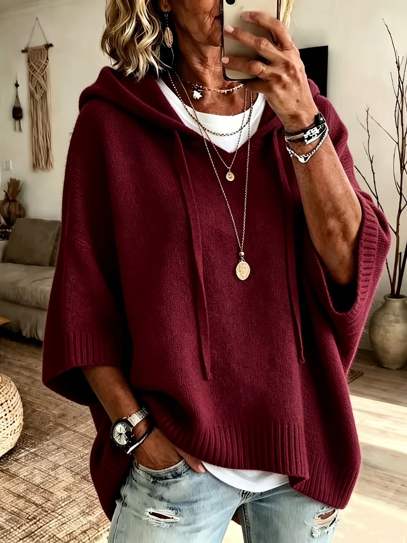 Comfortable Knit Oversized Hoodie for Women with Hooded Neck Half Sleeve Batwing Relaxed Style