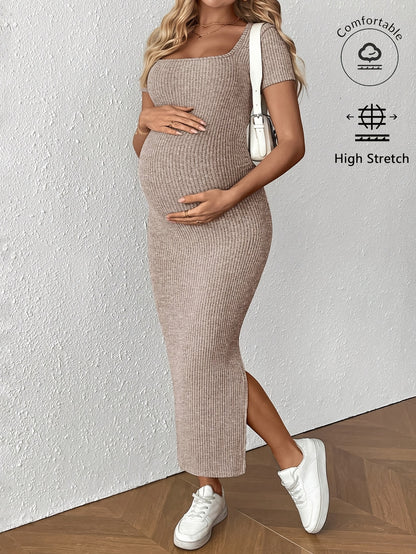 Comfortable Ribbed Knit Maternity Maxi Dress for Women with Square Neck Short Sleeve Bodycon Side Slit Style