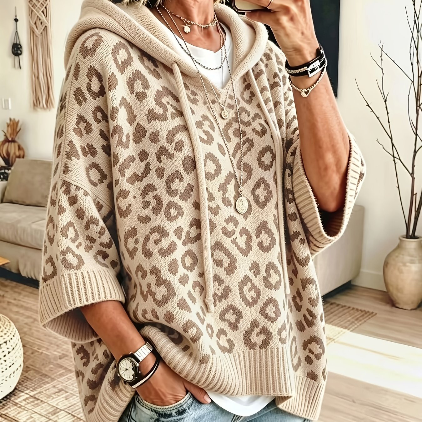 Comfortable Leopard Print Oversized Hoodie for Women with Hooded Neck Batwing Sleeve Drawstring Knit Style